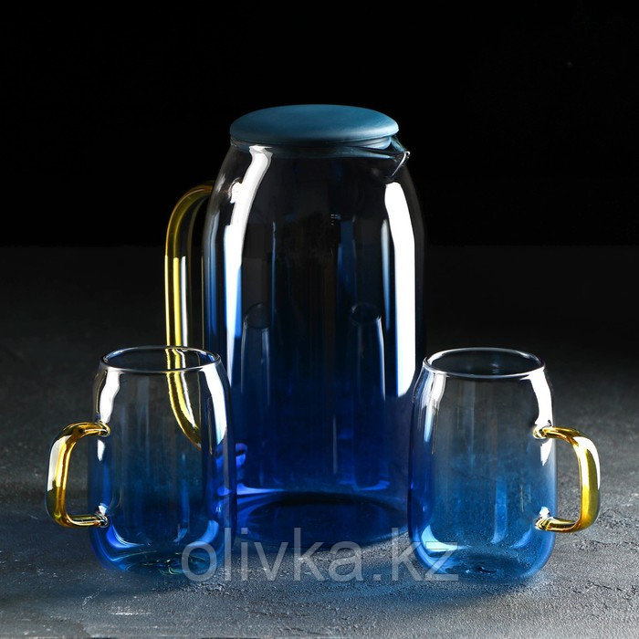 Набор для напитков из стекла «Модерн», 3 предмета: кувшин 1,5 л, 2 кружки 300 мл, цвет синий - фото 1 - id-p113266820