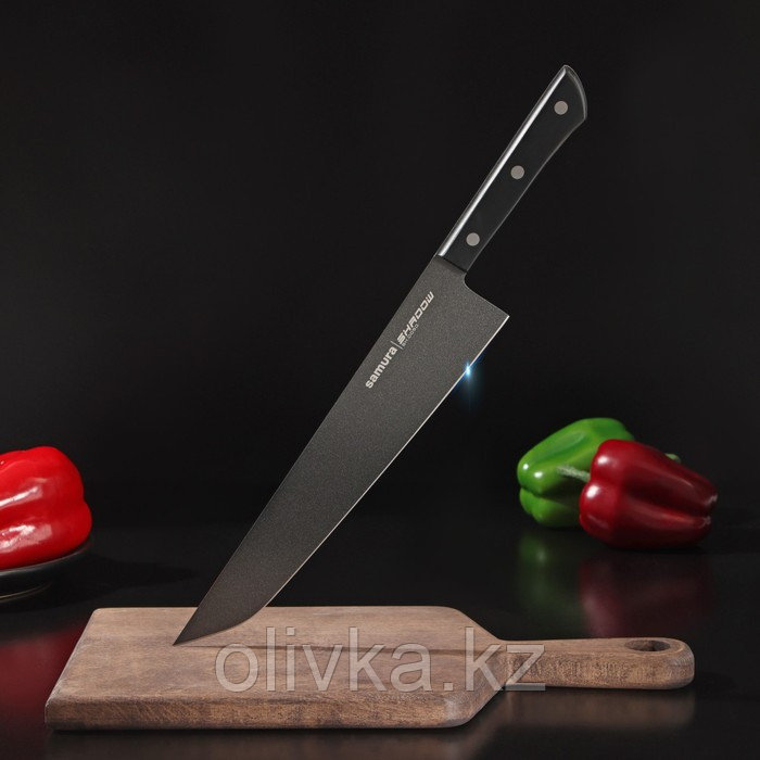 Нож кухонный Samura SHADOW, с покрытием Black-coating, 25 см, шеф, AUS-8 - фото 1 - id-p113272362
