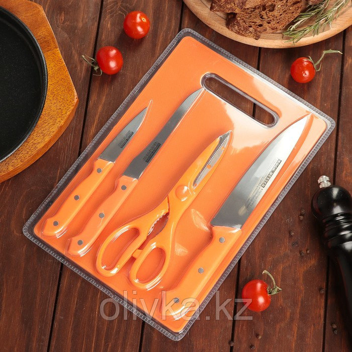 Набор кухонный, 5 предметов: ножи 7,5 см, 12,5 см, 17,5 см, ножницы, доска 29×20 см, цвет МИКС