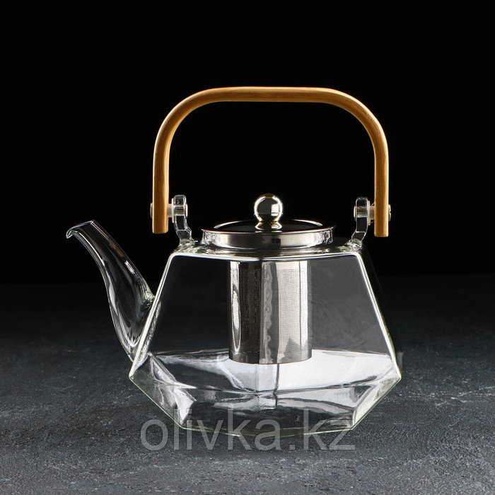 Чайник стеклянный заварочный с бамбуковой крышкой и металлическим ситом «Октогон», 1,2 л - фото 1 - id-p113266056