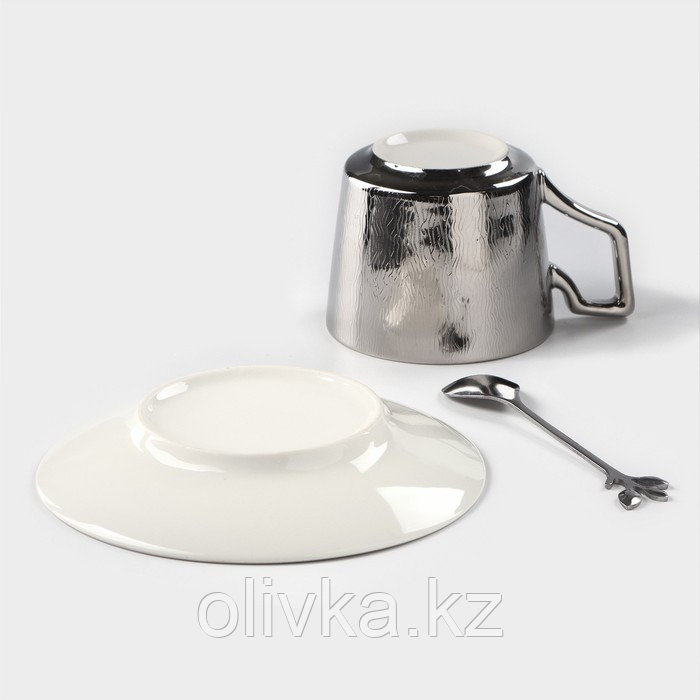 Кофейная пара керамическая «Серебро», 3 предмета: чашка 200 мл, блюдце d=14 см, ложка h=12,5 см, цвет - фото 5 - id-p113277452