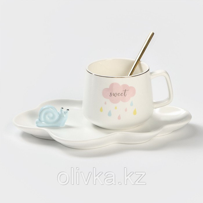 Кофейная пара керамическая «Облако», 3 предмета: кружка, блюдце 21×15 см, ложка h=13 см, цвет белый - фото 1 - id-p113276747