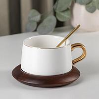 Чайная пара керамическая с ложкой «Улун», 2 предмета: чашка 280 мл, блюдце d=13 см, цвет белый