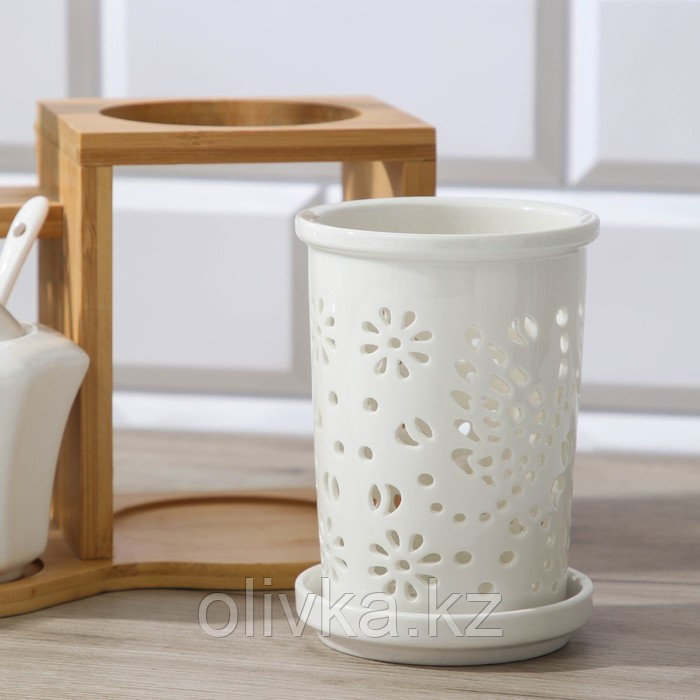 Набор керамический сервировочный на деревянной подставке «Эстет», 5 предметов: 2 соусника 300 мл, 2 сахарницы - фото 4 - id-p113253190