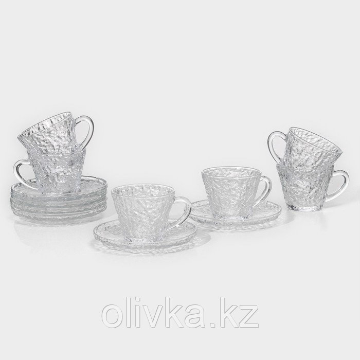 Сервиз чайный стеклянный «Вулкан», 12 предметов: 6 чашек 180 мл, 6 блюдец d=14см, цвет прозрачный - фото 1 - id-p113279177