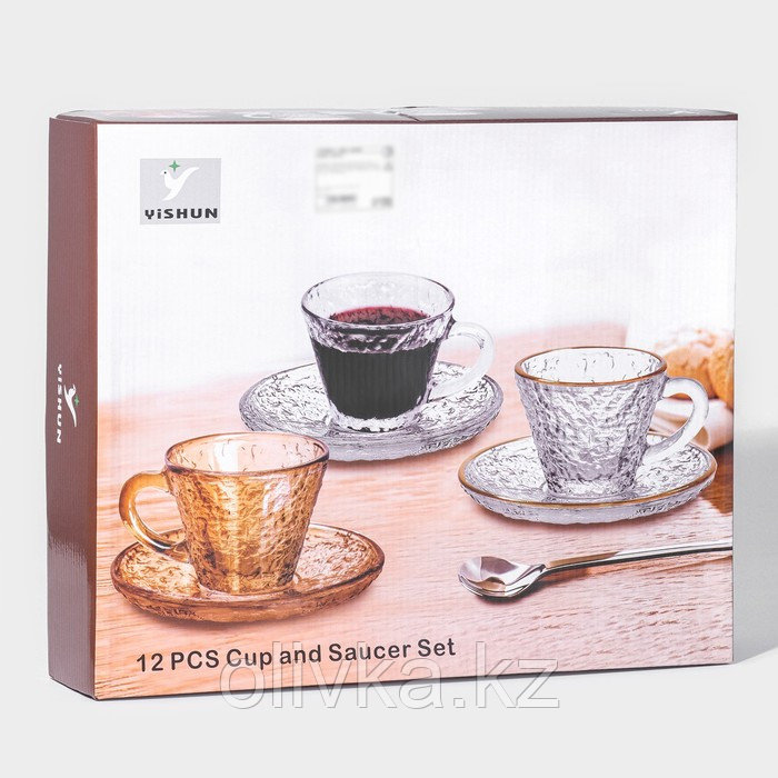 Сервиз чайный стеклянный «Вулкан», 12 предметов: 6 чашек 180 мл, 6 блюдец d=14см, цвет прозрачный - фото 4 - id-p113279177