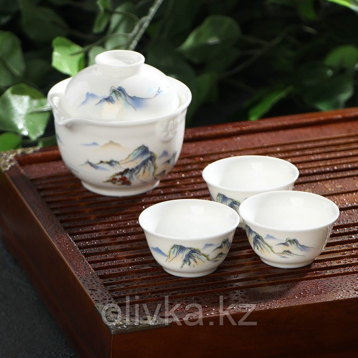 Набор чайный керамический «Восточная мудрость», 4 предмета: 3 пиалы 40 мл, гайвань 240 мл, цвет белый - фото 1 - id-p113274275