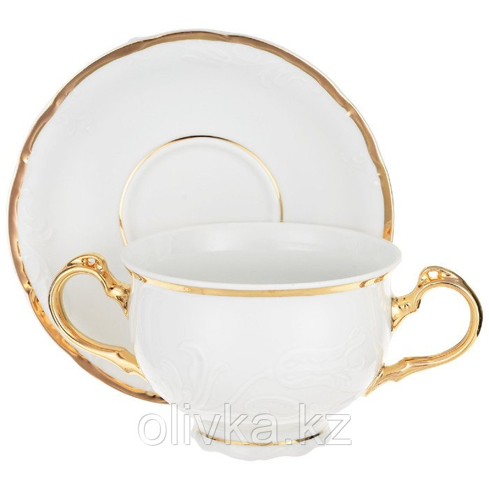 Чашка 410 мл с блюдцем 180 мм для бульона с двумя ручками Tulip, декор «Белоснежный тюльпан, золотые - фото 1 - id-p113255881