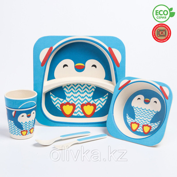 Набор детской бамбуковой посуды «Пингвин», тарелка, миска, стакан, приборы, 5 предметов - фото 1 - id-p113254949