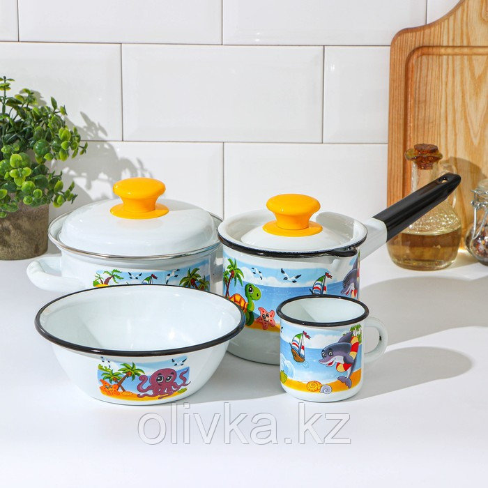 Набор посуды «Островок», 4 предмета: кружка 250 мл, миска 800 мл, ковш 1 л, кастрюля 1 л, индукция, цвет белый - фото 1 - id-p113256834