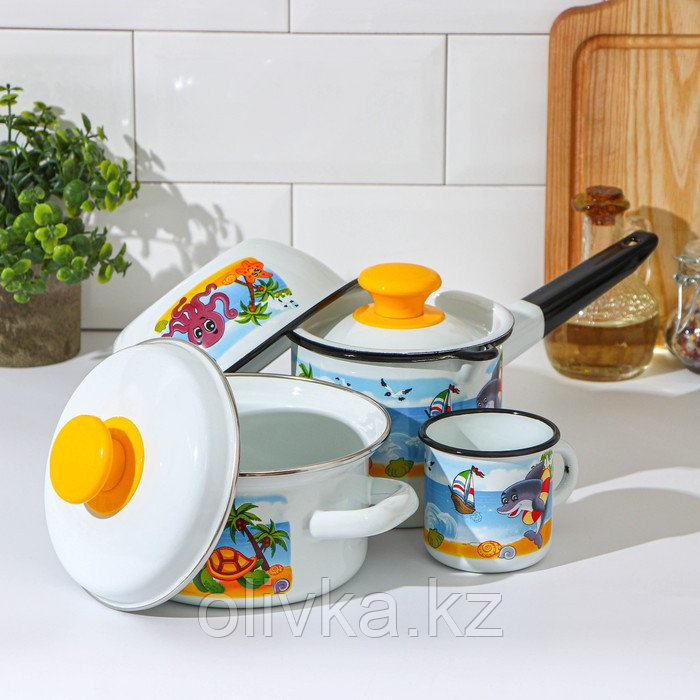 Набор посуды «Островок», 4 предмета: кружка 250 мл, миска 800 мл, ковш 1 л, кастрюля 1 л, индукция, цвет белый - фото 2 - id-p113256834