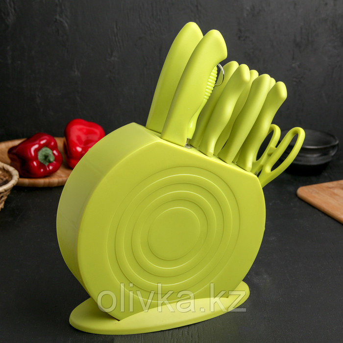 Набор кухонных принадлежностей на подставке, 8 ножей, ножеточка, ножницы, цвет зелёный - фото 1 - id-p113254045
