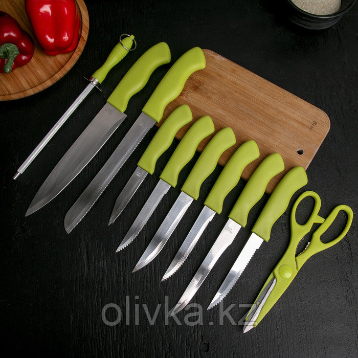 Набор кухонных принадлежностей на подставке, 8 ножей, ножеточка, ножницы, цвет зелёный - фото 2 - id-p113254045