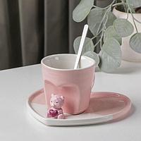Кофейная пара керамическая «Мишка с сердцем», 3 предмета: стакан 200 мл, блюдце 15,5×15×8 см, ложка, цвет