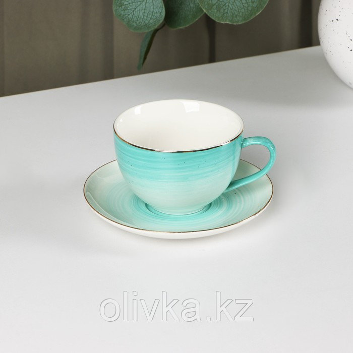Чайная пара фарфоровая Доляна «Млечный путь», 2 предмета: чашка 220 мл, блюдце d=13,5 см, цвет бирюзовый - фото 1 - id-p113255905