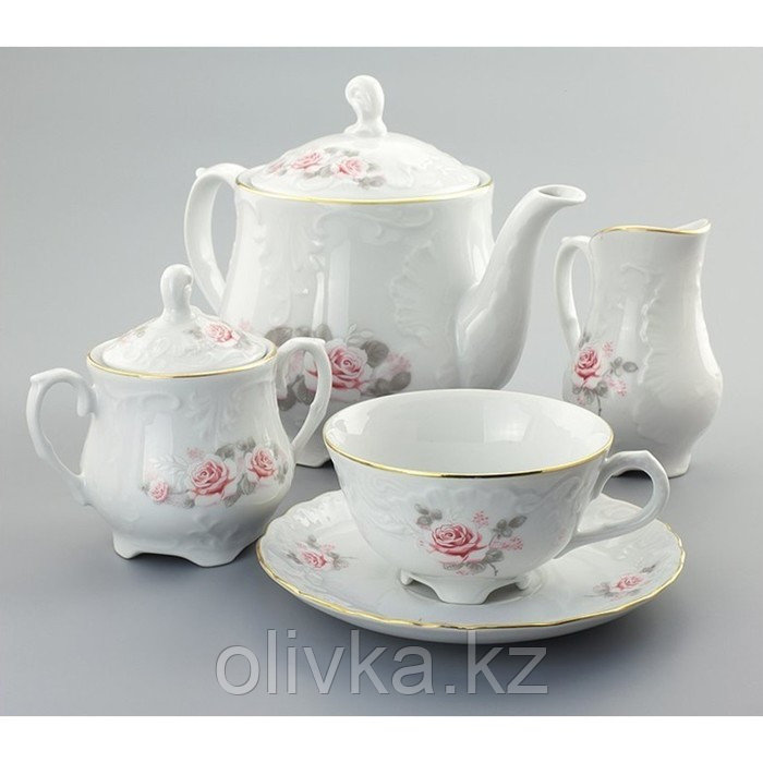 Чайный сервиз на 6 персон, Rococo, декор «Бледные розы, отводка золото» - фото 1 - id-p113266113