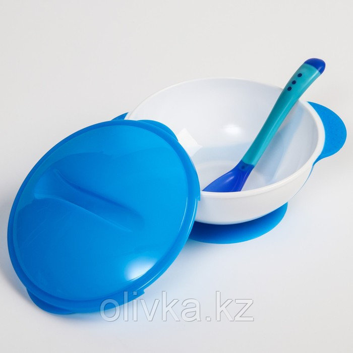Набор для кормления: миска на присоске 340 мл., с крышкой, термоложка, цвет синий - фото 2 - id-p113263534