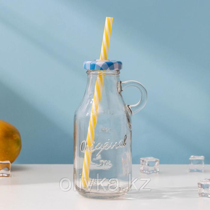 Бутыль стеклянная с крышкой и трубочкой, 200 мл, 7,5×6×14,5 см, цвет МИКС - фото 1 - id-p113244115