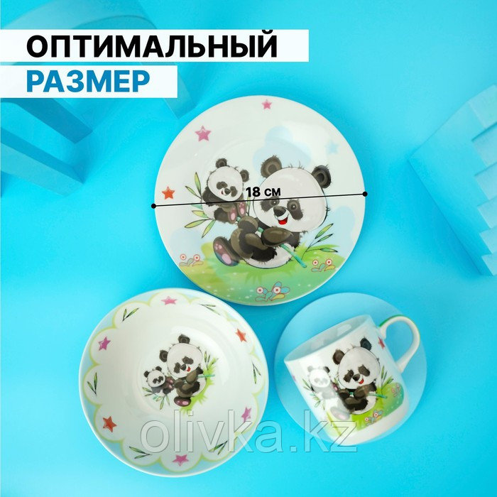 Набор детской посуды из керамики Доляна «Семья пандочек», 3 предмета: кружка 230 мл, миска 400 мл, тарелка - фото 2 - id-p113254075