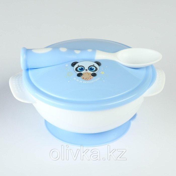 Набор детской посуды «Сладкий малыш», 3 предмета: тарелка на присоске, крышка, ложка, цвет голубой - фото 1 - id-p113251506