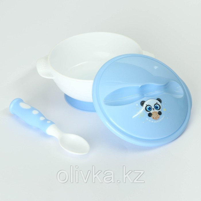 Набор детской посуды «Сладкий малыш», 3 предмета: тарелка на присоске, крышка, ложка, цвет голубой - фото 3 - id-p113251506