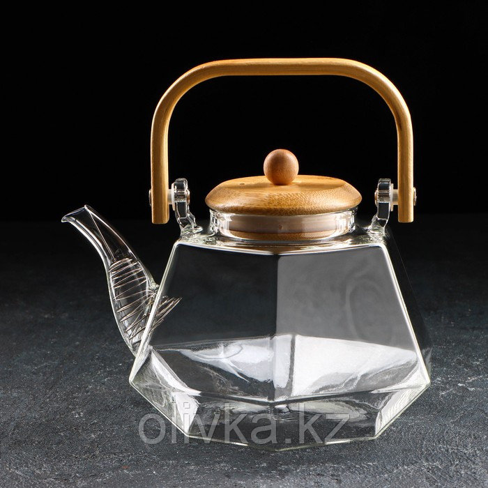 Чайник стеклянный заварочный с бамбуковой крышкой и металлическим фильтром «Октогон», 1,2 л - фото 1 - id-p113266157