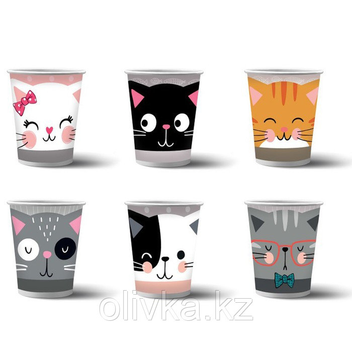 Набор бумажных стаканов «Кошки с ушками», 6шт., 250 мл - фото 1 - id-p113270532