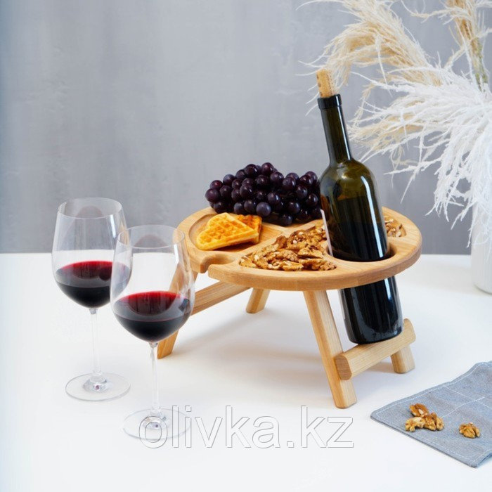 Столик - поднос для вина Adelica, с менажницей и складными ножками, на 2 персоны, d=32×1,8 см, берёза - фото 1 - id-p113261992