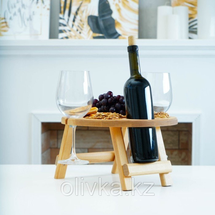 Столик - поднос для вина Adelica, с менажницей и складными ножками, на 2 персоны, d=32×1,8 см, берёза - фото 4 - id-p113261992