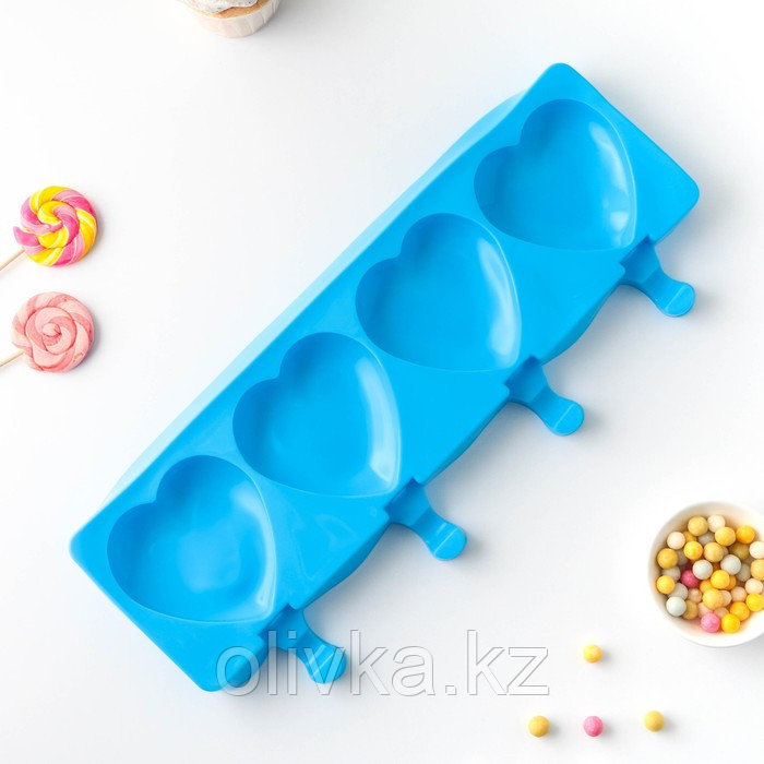 Форма силиконовая для мороженого «Сердца», 37×15×2,5 см, 4 ячейки (9,2×8,4 см), цвет МИКС