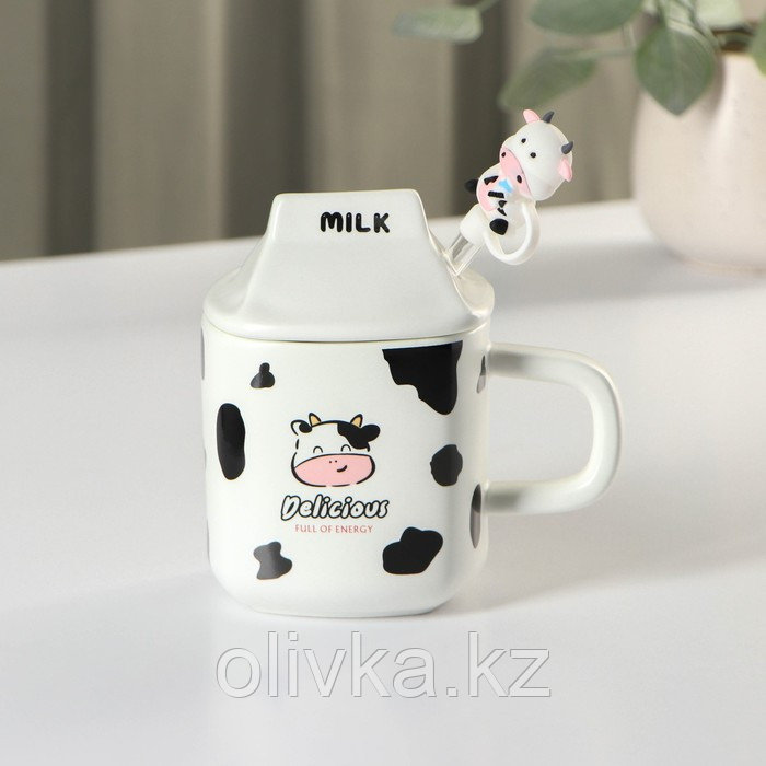 Кружка керамическая с крышкой и трубочкой Milk, 350 мл, цвет белый и чёрный - фото 1 - id-p113275260
