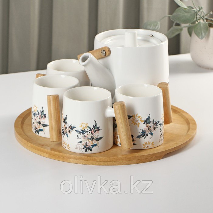 Набор чайный керамический «Сакура», 6 предметов: 4 кружки 250 мл, чайник 1 л, поднос d=29 см, цвет белый - фото 1 - id-p113275282