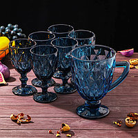 Набор для напитков из стекла «Круиз», 7 предметов: кувшин 1,1 л, 6 бокалов 300 мл, цвет синий