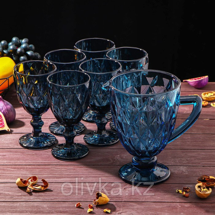 Набор для напитков из стекла «Круиз», 7 предметов: кувшин 1,1 л, 6 бокалов 300 мл, цвет синий - фото 1 - id-p113266214