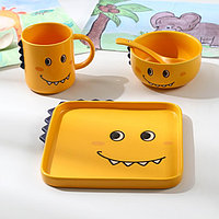 Набор детской посуды из керамики «Дино», 4 предмета: блюдо 19,5×20,5 см, миска 350 мл, кружка 350 мл, ложка,