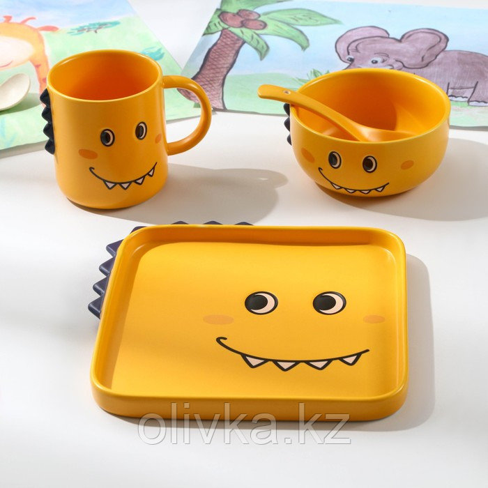 Набор детской посуды из керамики «Дино», 4 предмета: блюдо 19,5×20,5 см, миска 350 мл, кружка 350 мл, ложка, - фото 1 - id-p113275309