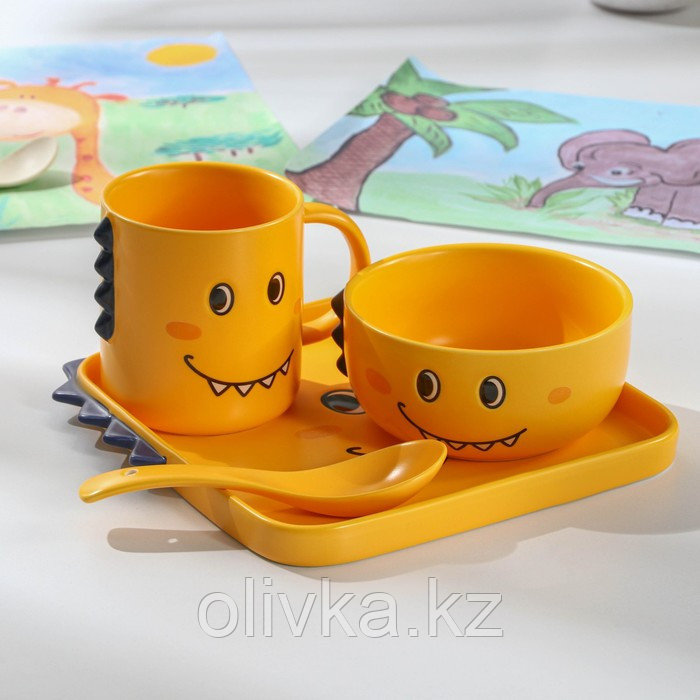 Набор детской посуды из керамики «Дино», 4 предмета: блюдо 19,5×20,5 см, миска 350 мл, кружка 350 мл, ложка, - фото 6 - id-p113275309