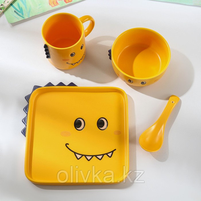 Набор детской посуды из керамики «Дино», 4 предмета: блюдо 19,5×20,5 см, миска 350 мл, кружка 350 мл, ложка, - фото 7 - id-p113275309