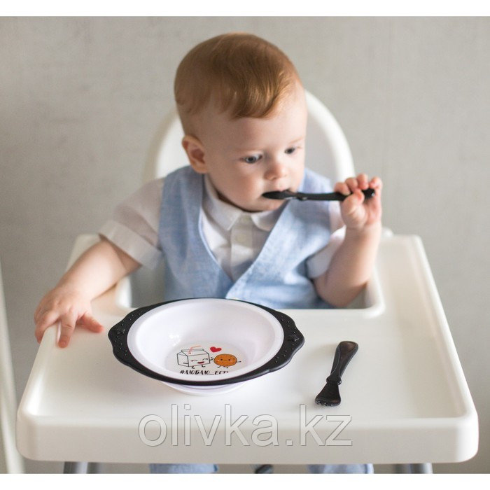 Набор детской посуды «Люблю есть», тарелка на присоске 250мл, вилка, ложка - фото 3 - id-p113264447