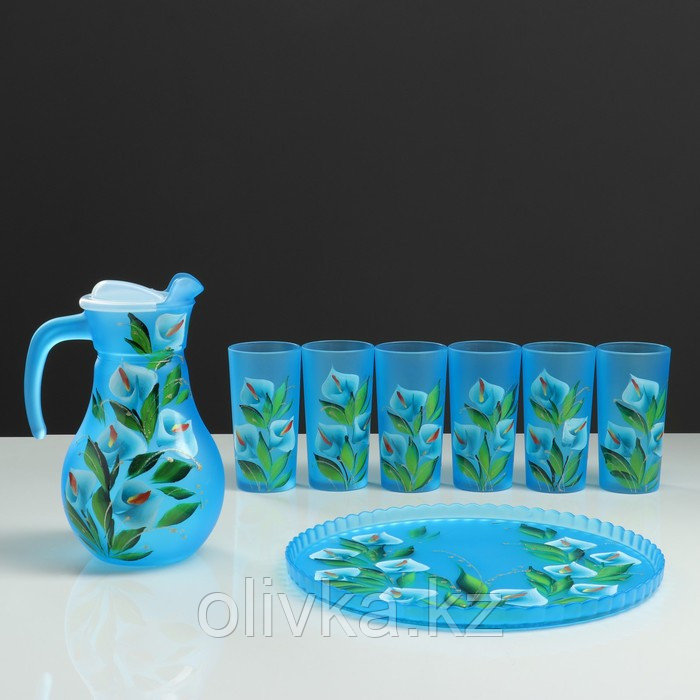 Набор для сока с подносом "Каллы" художественная роспись, 6 стаканов 1250/200 мл, синий - фото 1 - id-p113256039