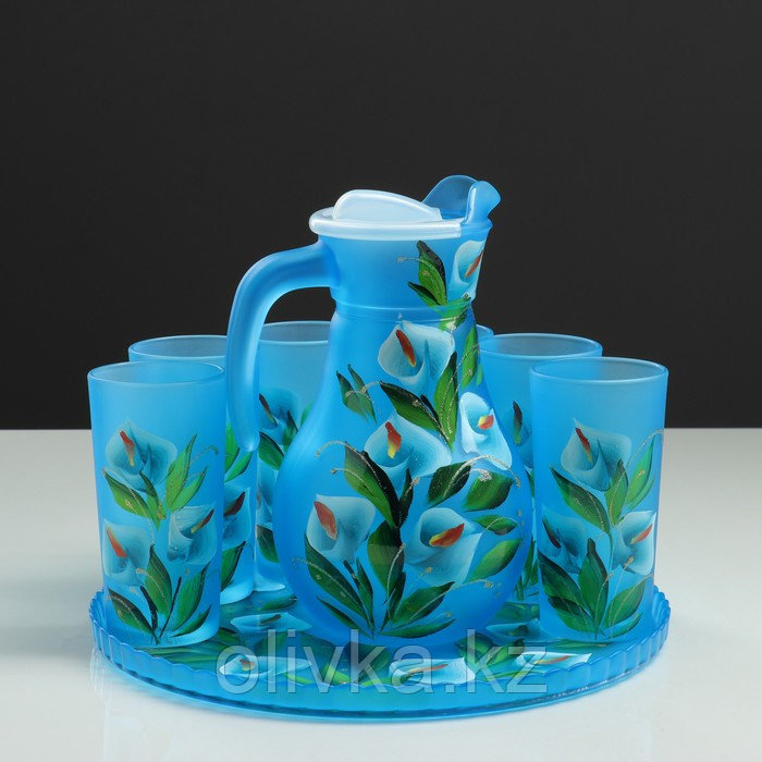 Набор для сока с подносом "Каллы" художественная роспись, 6 стаканов 1250/200 мл, синий - фото 2 - id-p113256039
