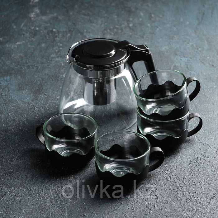 Набор чайный из стекла «Клео», 5 предметов: чайник 900 мл, 4 кружки 150 мл - фото 1 - id-p113252475