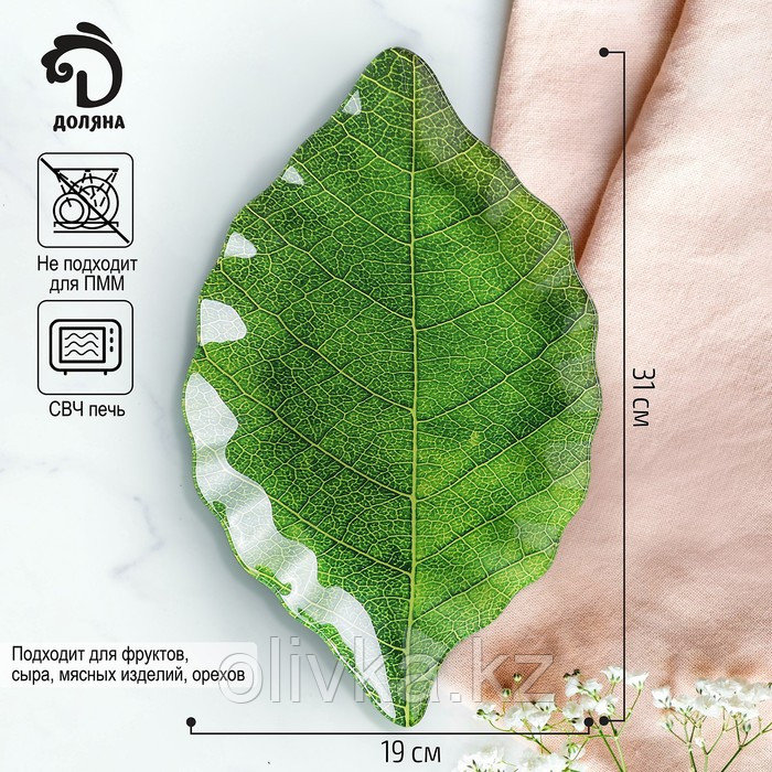 Блюдо стеклянное сервировочное Доляна «Лист», 31×19 см, цвет зелёный - фото 1 - id-p113252497