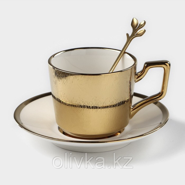 Кофейная пара керамическая «Золото», 3 предмета: чашка 200 мл, блюдце d=14 см, ложка h=12,5 см, цвет золотой - фото 1 - id-p113276916