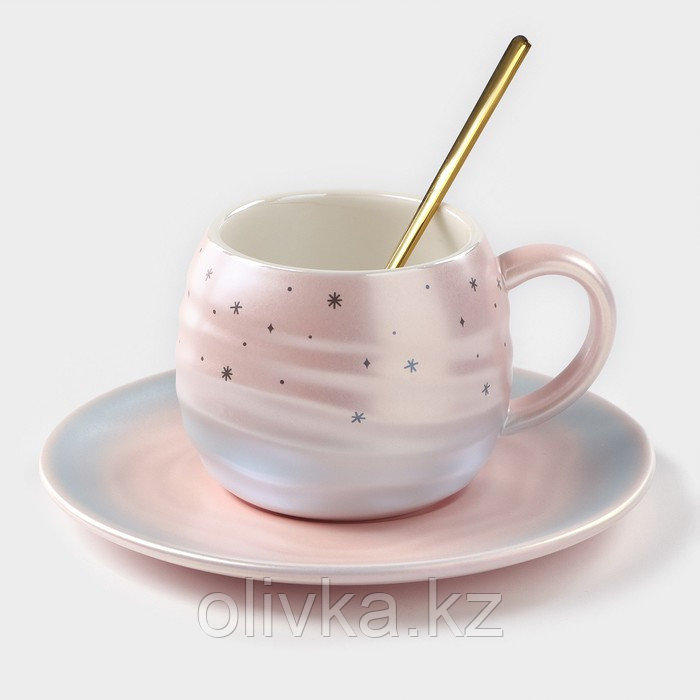 Чайная пара керамическая «Магия», 3 предмета: кружка 260 мл, блюдце d=15,8 см, ложка h=14 см, цвет розовый - фото 1 - id-p113276917