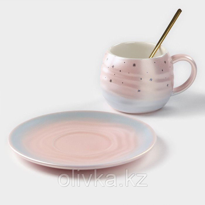 Чайная пара керамическая «Магия», 3 предмета: кружка 260 мл, блюдце d=15,8 см, ложка h=14 см, цвет розовый - фото 2 - id-p113276917