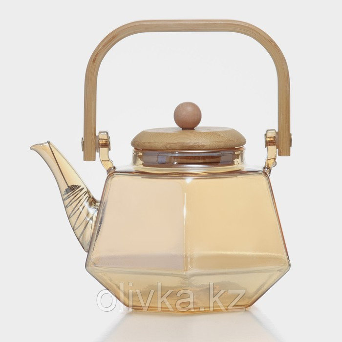 Чайник стеклянный заварочный с бамбуковой крышкой и металлическим фильтром «Октогон», 800 мл, цвет золотой - фото 1 - id-p113266273