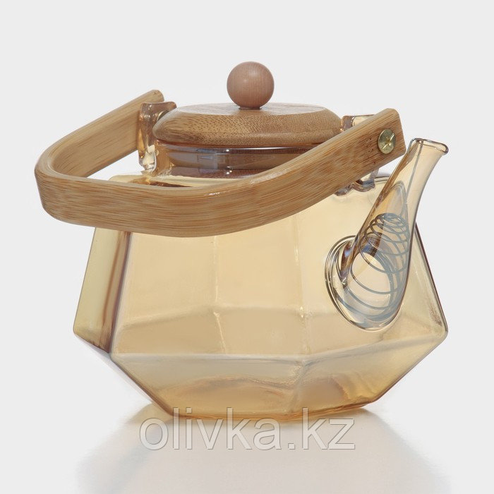 Чайник стеклянный заварочный с бамбуковой крышкой и металлическим фильтром «Октогон», 800 мл, цвет золотой - фото 3 - id-p113266273