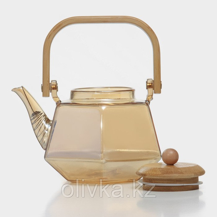 Чайник стеклянный заварочный с бамбуковой крышкой и металлическим фильтром «Октогон», 800 мл, цвет золотой - фото 4 - id-p113266273