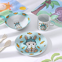 Набор детской посуды из керамики Доляна «Милый зайка», 3 предмета: кружка 230 мл, миска 400 мл, тарелка d=18